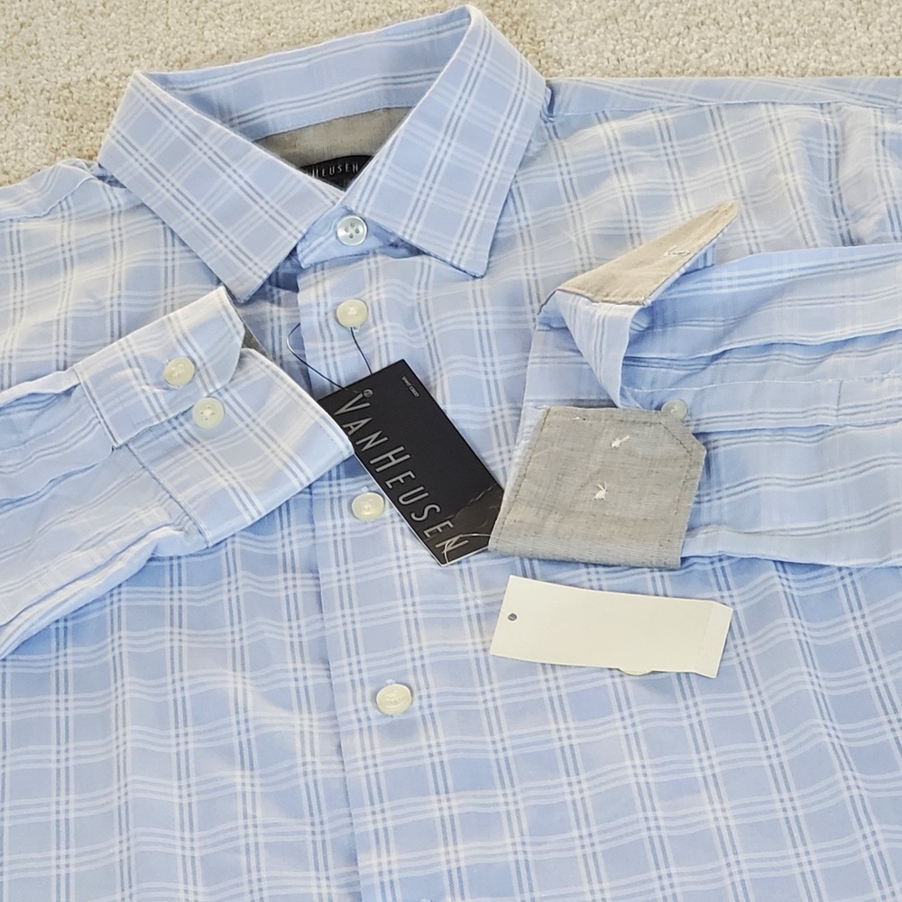 Van Heusen Men's Button Up Shirt M Medium Blue White Check Long Sleeve